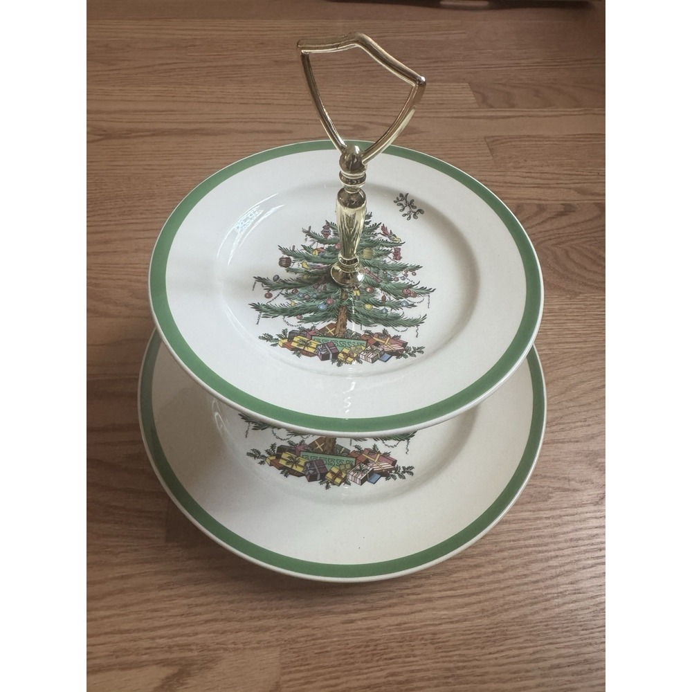 Vintage Spode England Christmas Tree 2-Tier Serving Stand Holiday Tidbit Tray